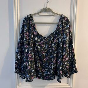 a.n.a Black Floral Peasant Top with Purple & Blue Flowers